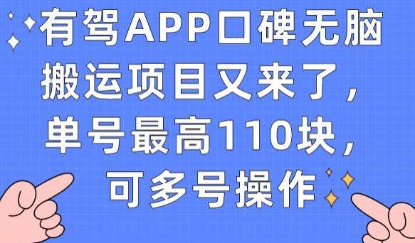 有驾APP口碑无脑搬运项目又来了，单号最高110块，可多号操作-云帆学社