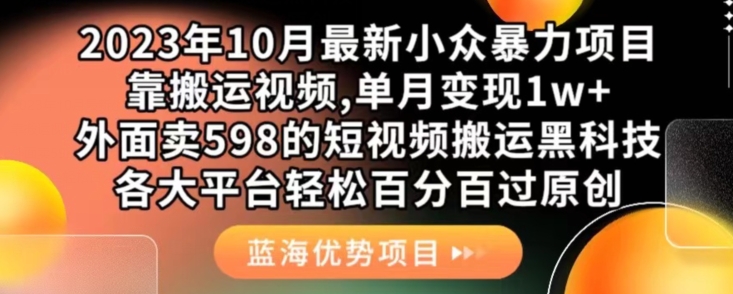 2023年10月最新小众暴力项目，靠搬运视频,单月变现1w+，外面卖598的短视频搬运黑科技，各大平台轻松百分百过原创-云帆学社