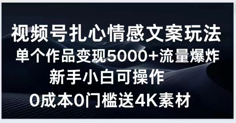 视频号扎心情感文案玩法，单个作品变现5000+，流量爆炸，两分钟一条作品，新手小白可操作，0成本0门褴送4K素材送工具-云帆学社