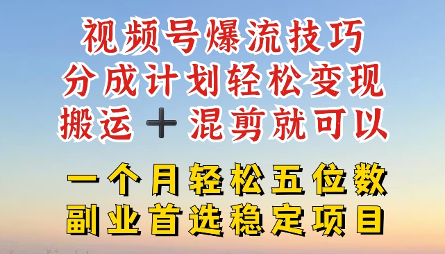 视频号爆流技巧，分成计划轻松变现，搬运 +混剪就可以，一个月轻松五位数稳定项目-云帆学社