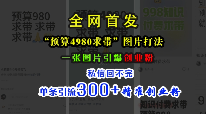 小红书“预算4980带我飞”图片打法，一张图片引爆创业粉，私信回不完，单条引流300+精准创业粉-云帆学社